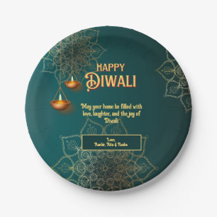 Prato De Papel Diwali Green Dourado Lamps Mandala Personalizado