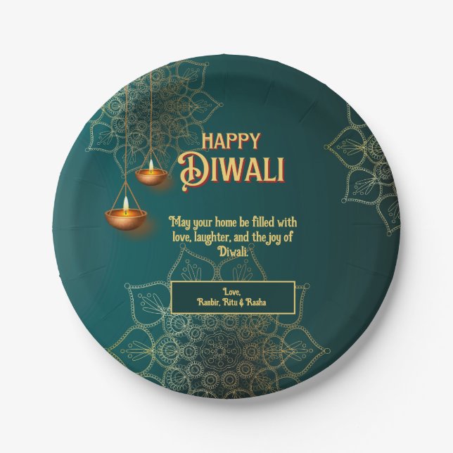 Prato De Papel Diwali Green Dourado Lamps Mandala Personalizado (Frente)