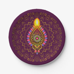 Prato De Papel Diwali Jeweled Diya Candle Design Mandala Purple