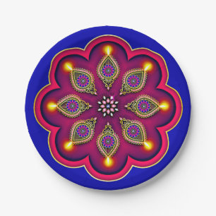 Prato De Papel Diwali Purple Diya Flame Lotus Mandala Blue 7"