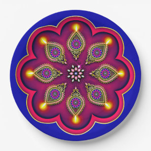 Prato De Papel  Diwali Purple Diya Flame Lotus Mandala Blue 9"