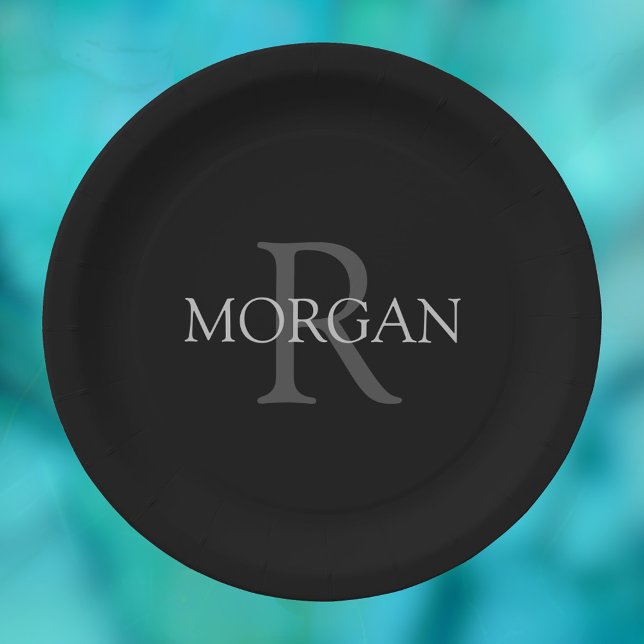 Prato De Papel DIY Monograma & Name, preto clássico com texto de  (Criador carregado)