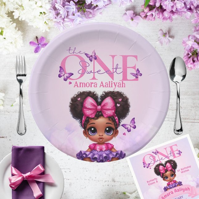 Prato De Papel Doce, Afro Puff Baby Girl primeiro aniversario Rox (The Sweet ONE Pink & Purple Plate & Napkin)
