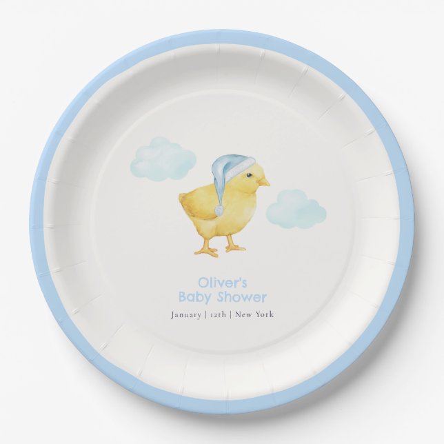 Prato De Papel Doce Céu Azul Nuvem Pequeno Frango Chá de Bebê  (Frente)