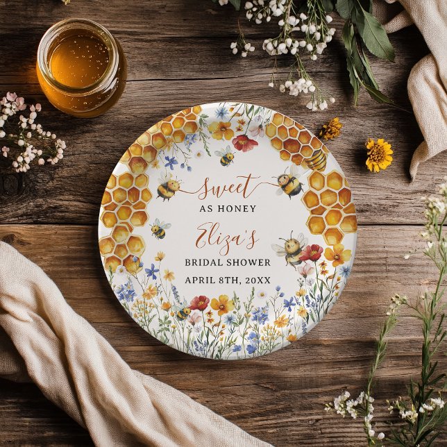 Prato De Papel Doce Como Abelhas Selvagens Chá de panela (Sweet As Honey Bee Wildflowers Chic Bridal Shower Paper Plates)
