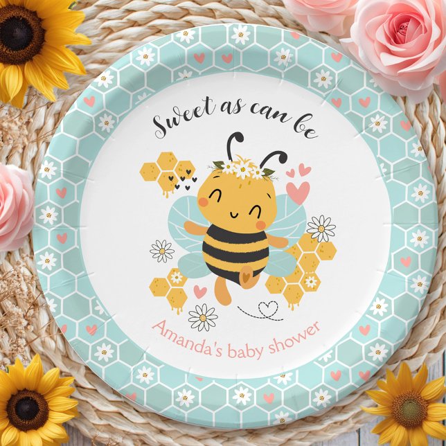 Prato De Papel Doce como Chá de fraldas de Bebê (Sweet as Can Bee Baby Girl Baby Shower Paper Plates)