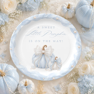 Prato De Papel Doce Pequeno Abóbora Laço Azul Chá de Bebê