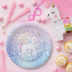 Prato De Papel Doce Rainbow Unicorn Glittery Nome da Festa de ani