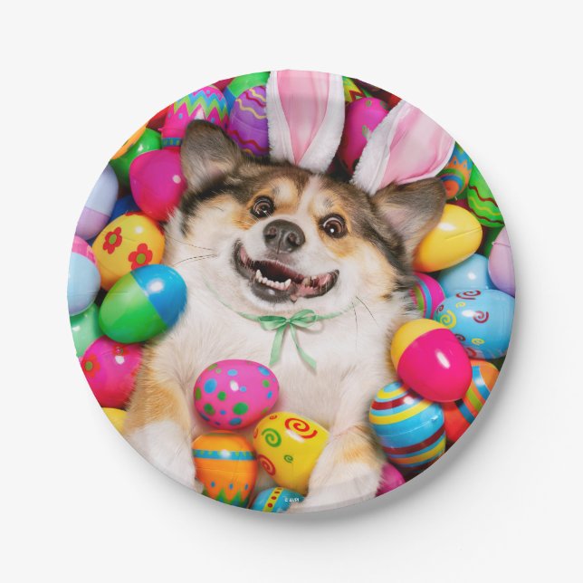 Prato De Papel Dog Laying on Easter Eggs (Frente)