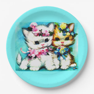 Prato De Papel dois gatinhos e muitas flores