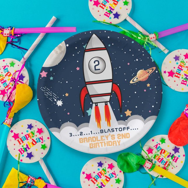 Prato De Papel Dois o segundo aniversário da Moon Rocket Ship (Criador carregado)
