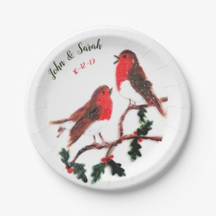 Prato De Papel Dois Pássaros Robin Inverno Holly Casamento