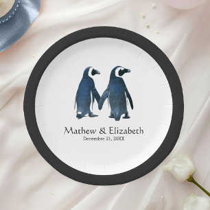 Prato De Papel Dois Pinguins Fofos Casamento Romântico