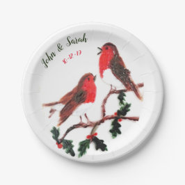 Prato De Papel Dois Robin Birds Winter Holly Wedding