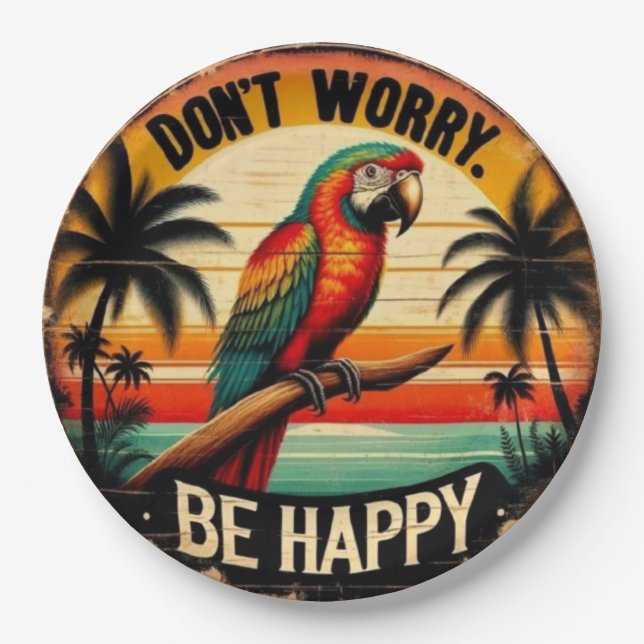 Prato De Papel Don't Worry, Be Happy Round Tropical Parrot Art (Frente)