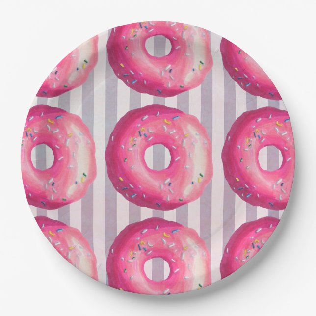 Prato De Papel Donuts Com Cobertura Rosa E Confeitos (Frente)