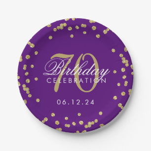 Prato De Papel Dourada 70 Birthday Glitter Confetti Roxo
