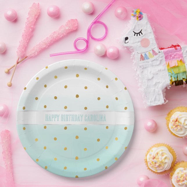 Prato De Papel Dourada Confetti Mint Watercolor (Festa)