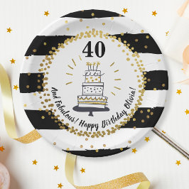 Prato De Papel Dourada Glitter Black Stripes Qualquer Idade Feliz