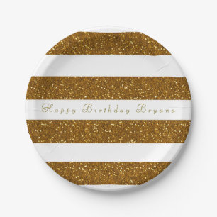 Prato De Papel Dourada Glitter & White Strips Chic Party Plates