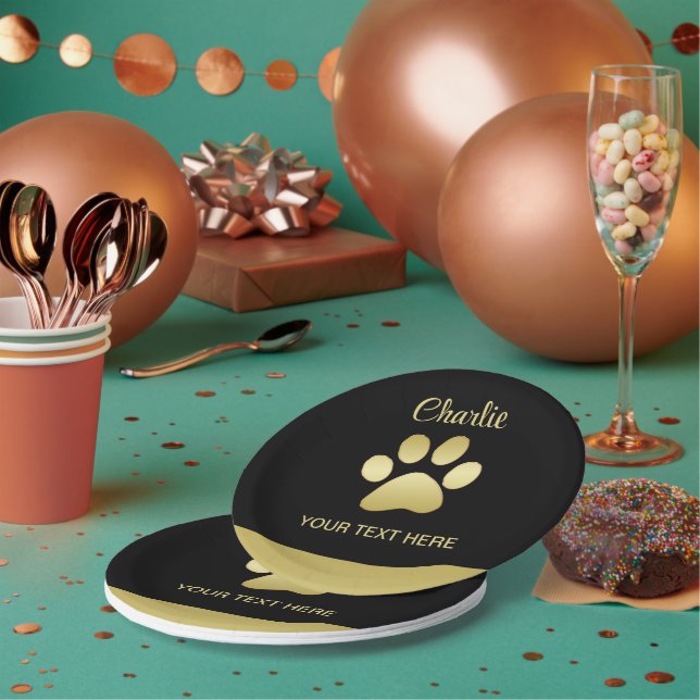 Prato De Papel Dourada pata de cão brilhante sobre fundo negro (Múltiplo)