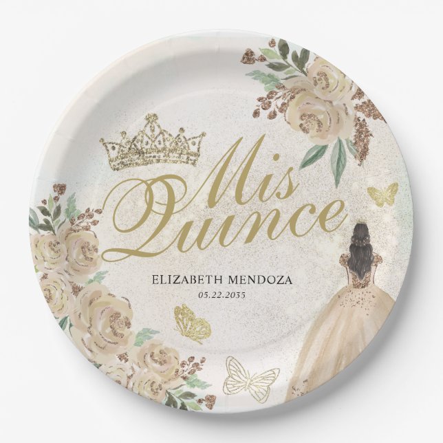 Prato De Papel Dourada Sparkle Floral Princesa Quinceañera Aniver (Frente)