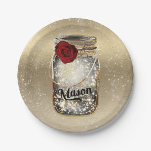 Prato De Papel Dourada Sparkle Glam Rosa vermelha Mason Jar Party
