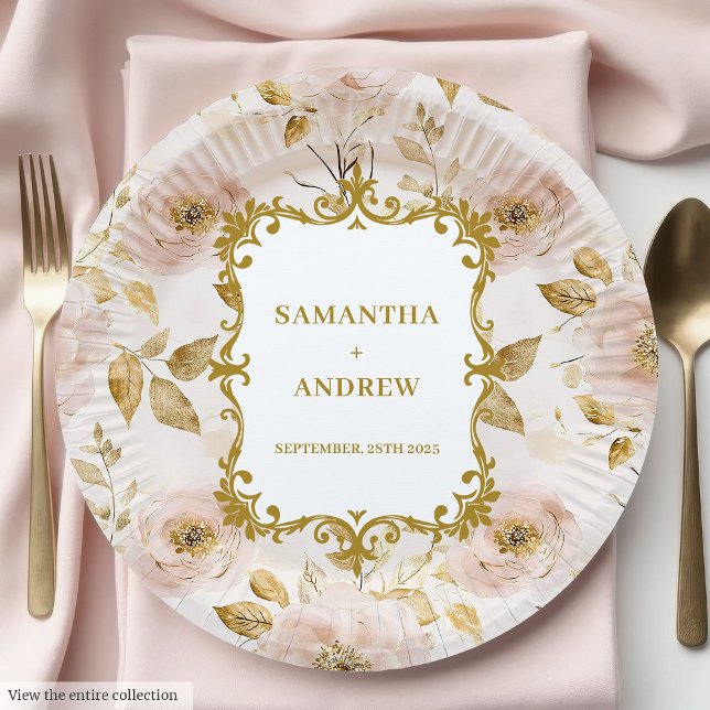 Prato De Papel Douradas Pratas de Casamento Bastante Escamufladas (Gorgeous Blush Gold Wedding Paper Plates)