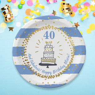 Prato De Papel Dourado Aniversário Feliz de Glitter Blue Stripe 