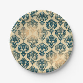 Prato De Papel Dourado & Azul Vintage Rústico Glam Moderno Damasc