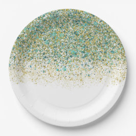 Prato De Papel Dourado Branco e Brilho Azul-Teal Glam Moderno à B