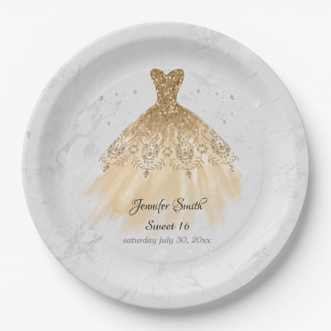 Prato De Papel Dourado brilho doce dezesseis (Frente)