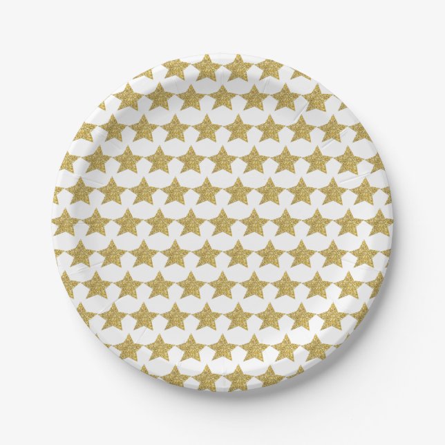 Prato De Papel Dourado brilho - estrelas brancas (Frente)