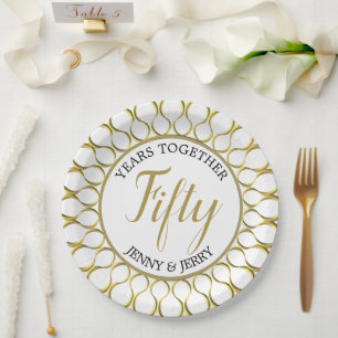 Prato De Papel Dourado e branco elegante Papel de Aniversário Pla
