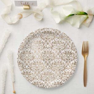 Prato De Papel Dourado e elegante Damasco para Chic Branco