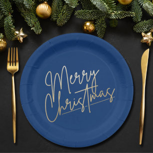 Prato De Papel Dourado Feliz Natal em Azul