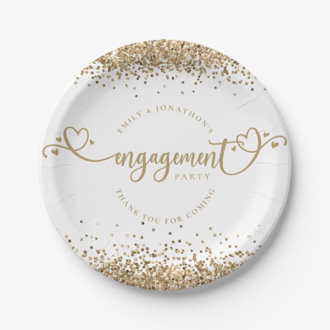 Prato De Papel Dourado Glitter Heart Script Names White Noivado (Frente)