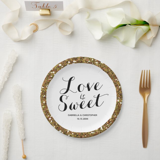 Prato De Papel Dourado Glitter Love é Docinho em Papel (Casamento)