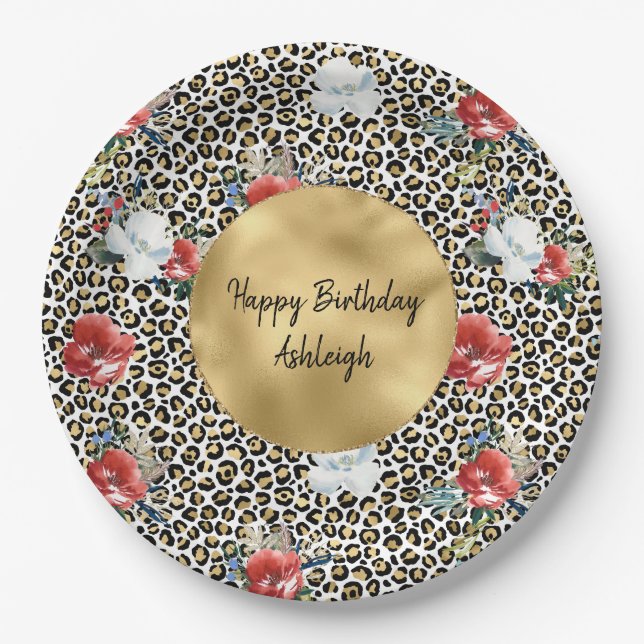 Prato De Papel Dourado Leopard Print Floral personalizado (Frente)