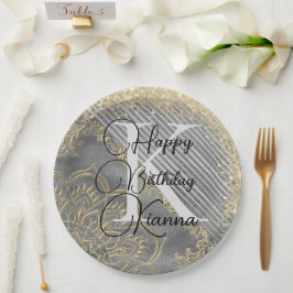 Prato De Papel Dourado Leve Glitter Mandala Monograma Aniversário