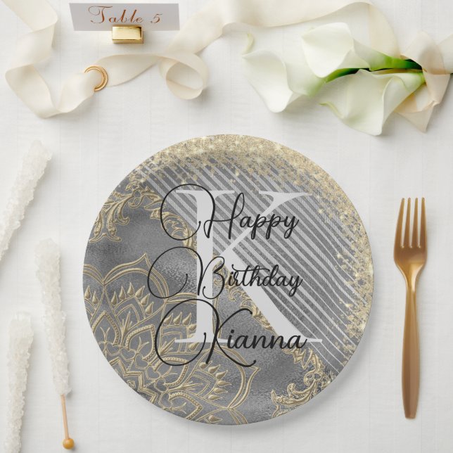 Prato De Papel Dourado Leve Glitter Mandala Monograma Aniversário (Casamento)