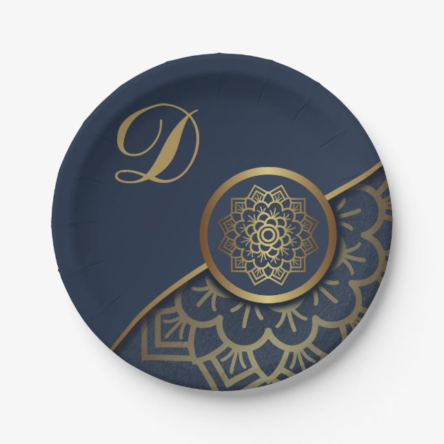 Prato De Papel Dourado luxo personalizado Mandala Art Blue (Frente)