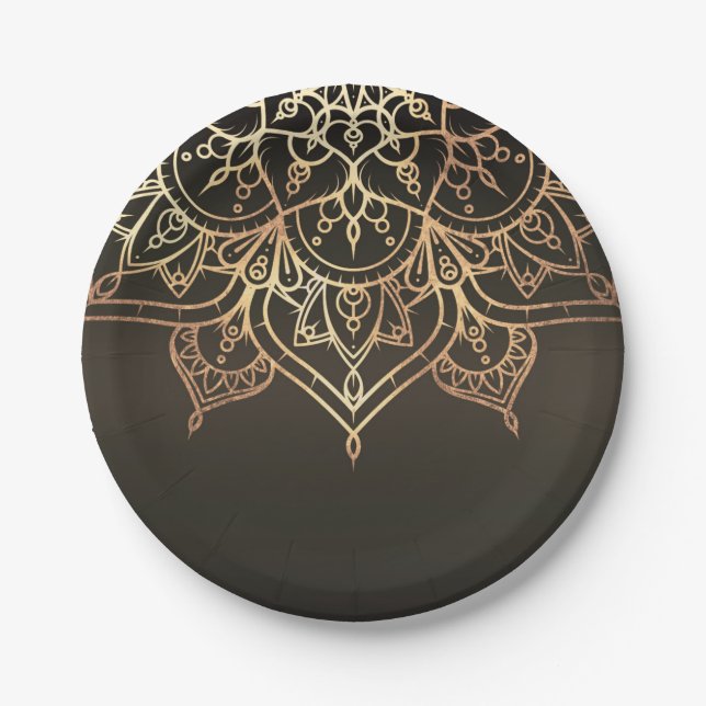 Prato De Papel Dourado Mandala Terroso Marrom Bronze Moderno Glam (Frente)