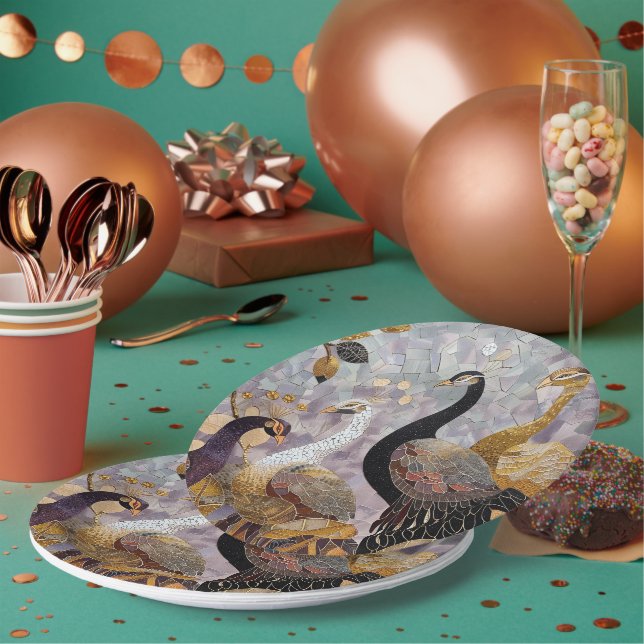 Prato De Papel Dourado Natal de Pavões Brancos (Múltiplo)