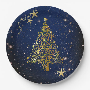 Prato De Papel Dourado Natal em Papel Azul