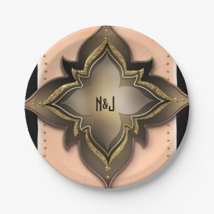 Prato De Papel Dourado Preto e Pêssego Exótico Flower Chic Party 