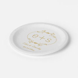 Prato De Papel Dourado quadro e iniciais, casamento elegante mono