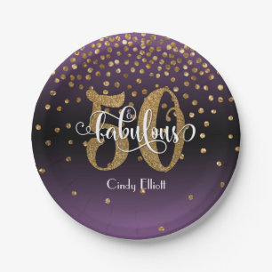 Prato De Papel Dourado Roxo 50 e Fabuloso Aniversário