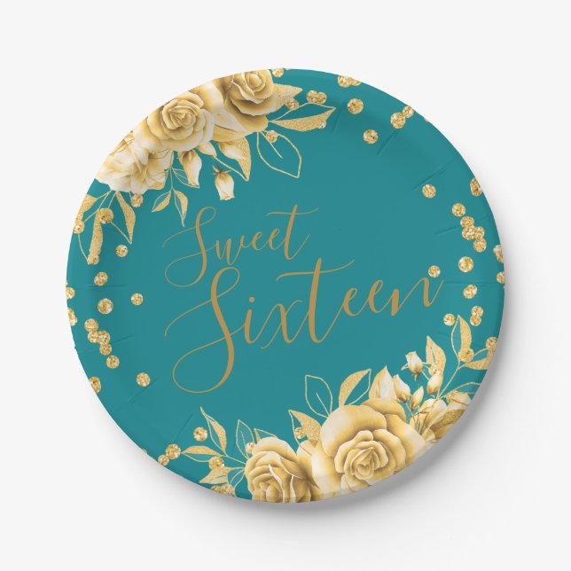 Prato De Papel Dourado Teal Sweet 16 Glitter Confetti Floral (Frente)