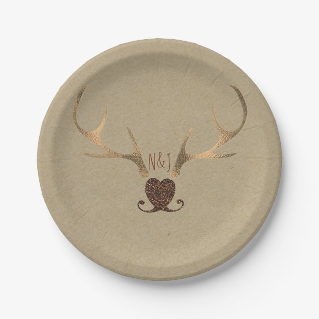 Prato De Papel Dourados Antlers & Brown Paper Rustic Weds (Frente)